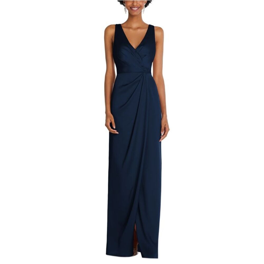 AFTER SIX Womens Sleeveless Satin Surplice Slit Pleated Maxi Gown Dress, Blue...